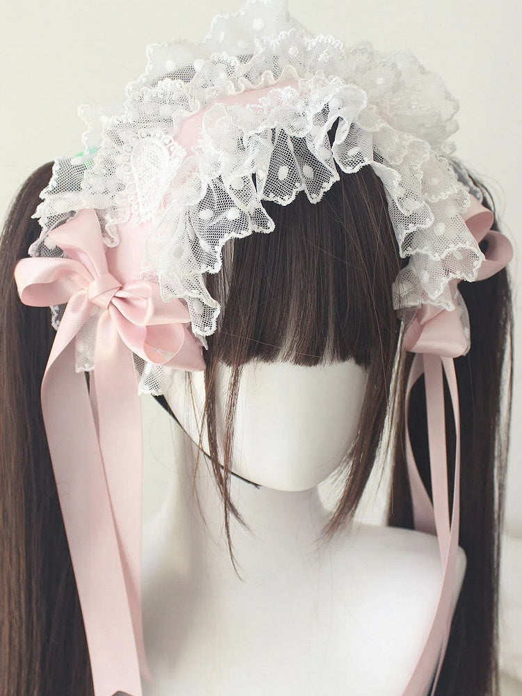 Hairband Polka-Dot Pink Lace White