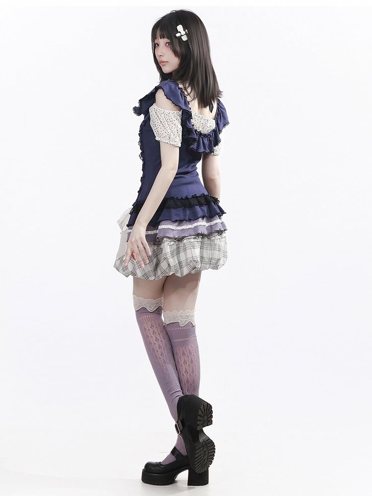 White Plaid Bubble Skirt with Black Bow - PINK SAVIOR