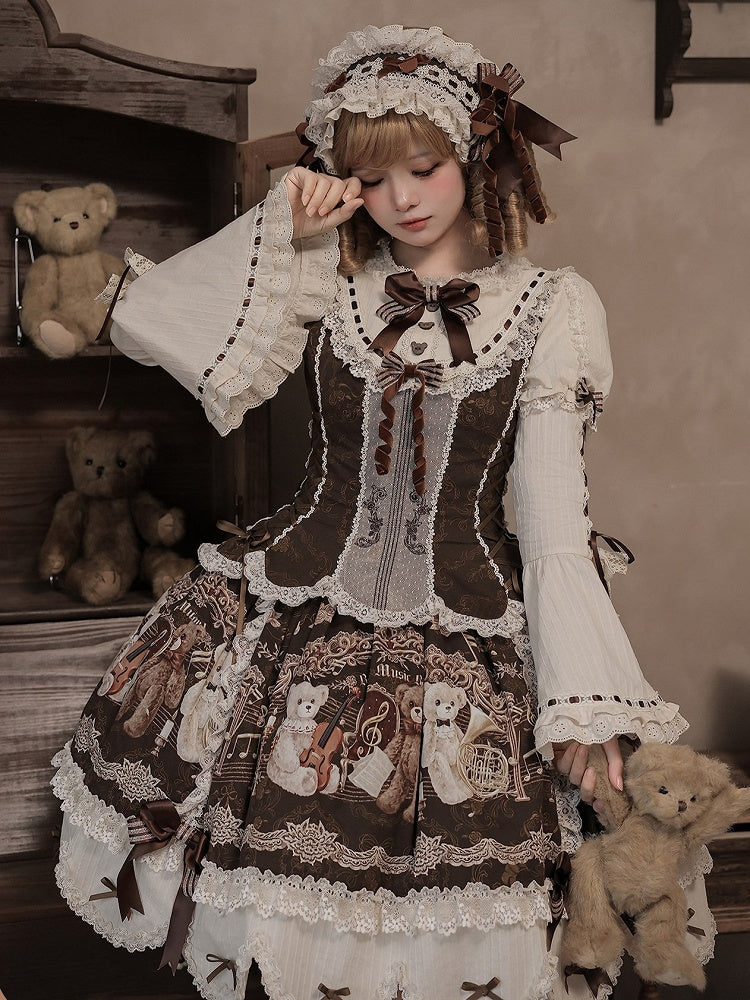 Dark Brown Hairband with Bow & Lace Trim - Twin Bear Original Design