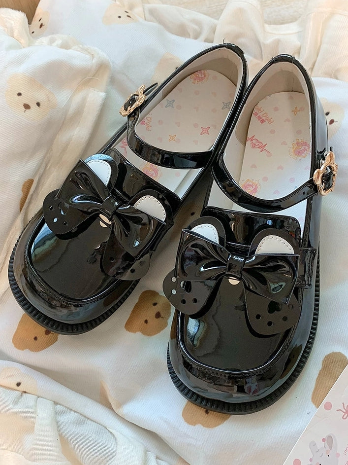 Bear PU Ear Detachable JK - Buckle with Academic Polished Style Shoes Low Bow Heel Black