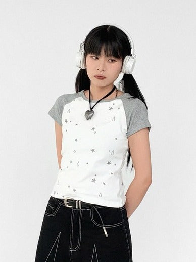 2-Color Colorblock Short Sleeve T-Shirt with Star and Teardrop Print - innomoood