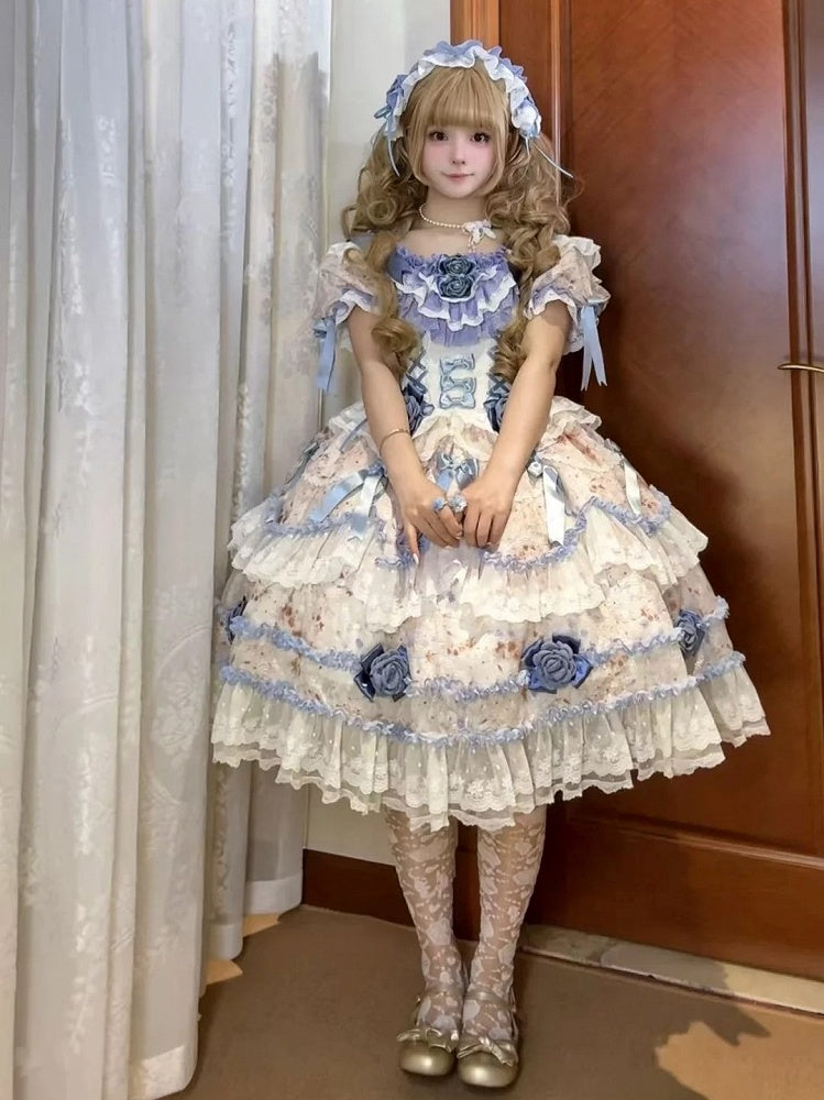Puffy Rose Dress Hime with Lolita Accents Blue Multi-Layered Dark Ruffle