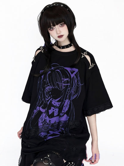 and Fastener Shoulder Anime Girl Graphic T-Shirt Black Decorative Black White / with Lace Embellishment Purple