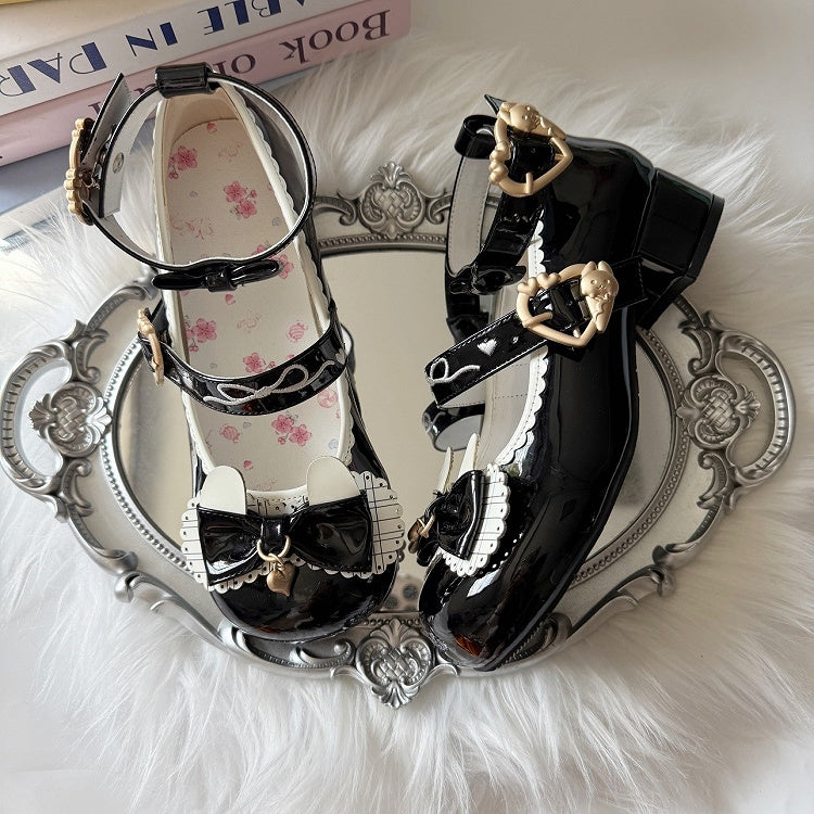 Mid-heel Black Janes Snap Closure Bunny Hem with Mary Heart-shaped Scalloped Lolita Sweet Themed