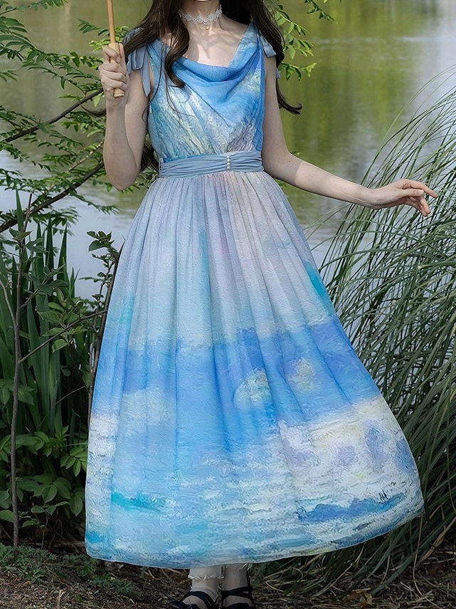 Blue Ocean Oil Painting Print Elegant Lolita Maxi Dress with Cowl Neckline and Tie Straps