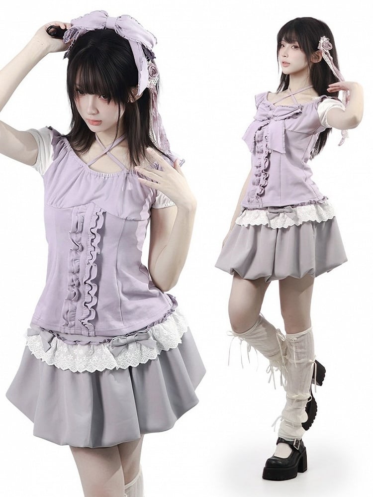 Dusty Purple Halter Ruffle Bow Top - PINK SAVIOR