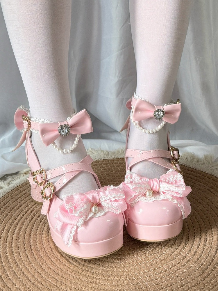 Transparent Moon Heel Lolita Shoes with Bow and Heart Buckles - Pu Yue Meng