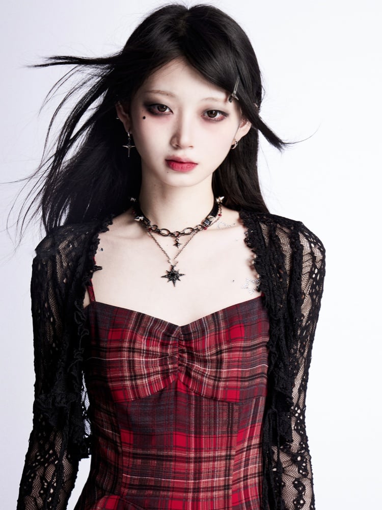 Waistline Asymmetrical Red Plaid Cami Dress Tiered Ruffles with