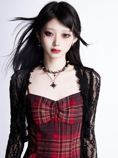 Waistline Asymmetrical Red Plaid Cami Dress Tiered Ruffles with