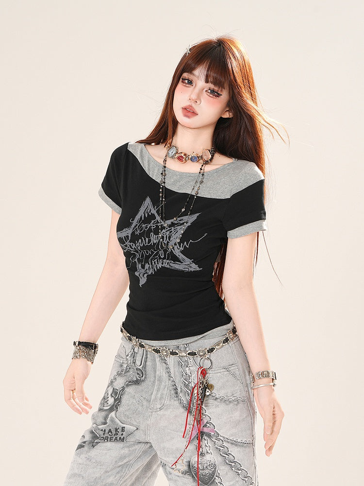 ブラックグレーの星柄フェイクツーピースTシャツ