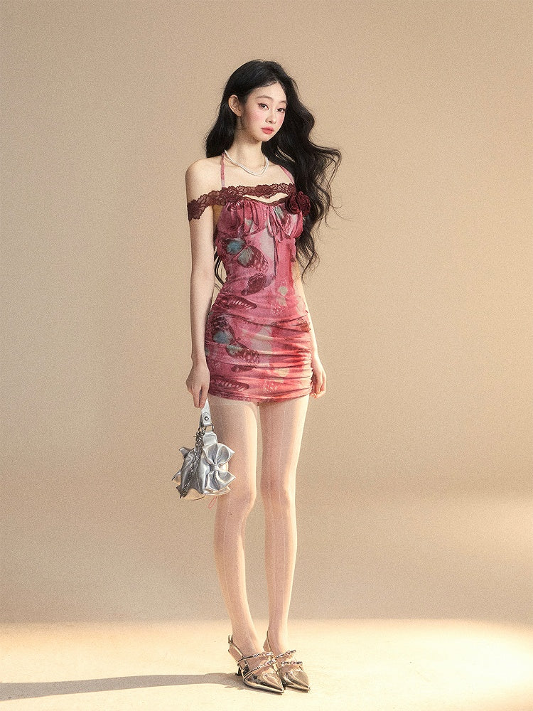 Dress Neck Accents Rosette Red Halter Rose Butterfly Print Backless Bodycon Mini
