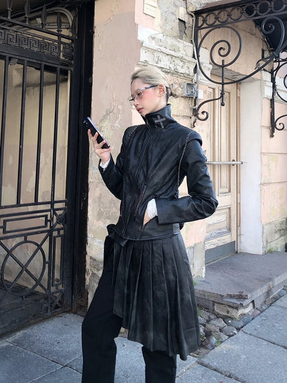 and Mini with PU Sweatpants Attached Black Thigh-High Skirt Slit