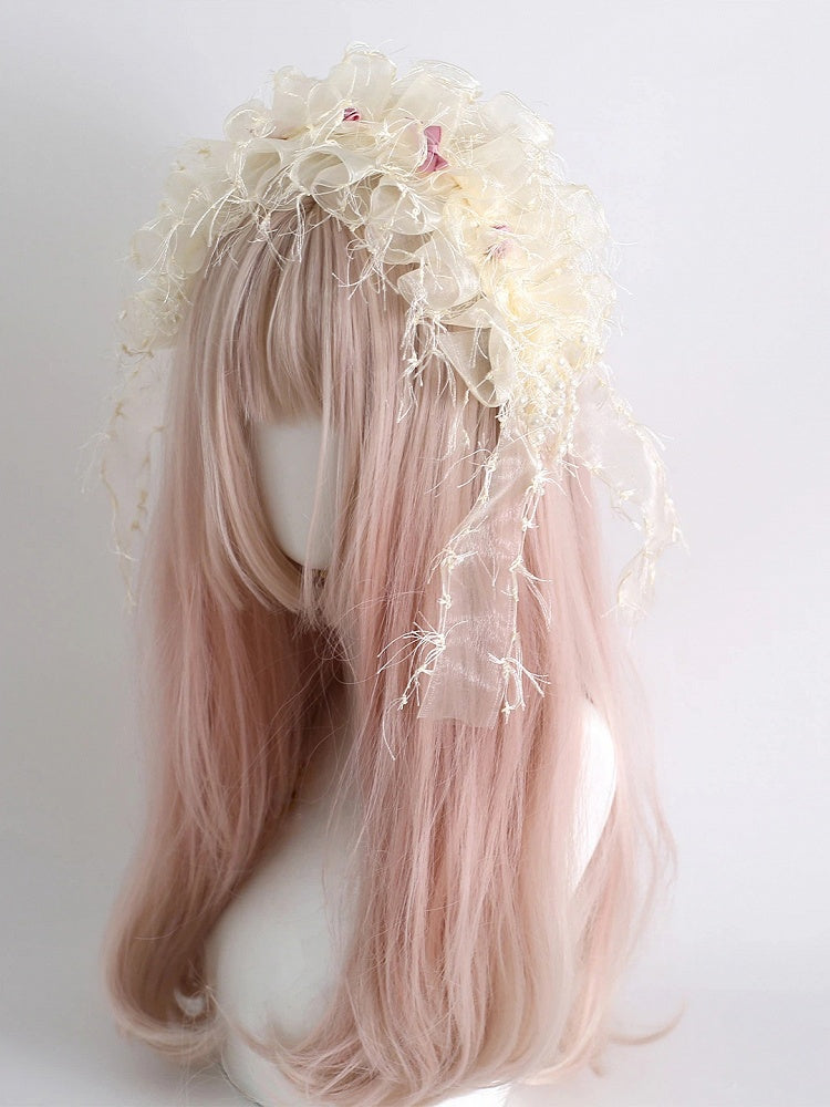 Cream Ruffled Hairband Wide Rose Tulle (Pink Accents) Lolita