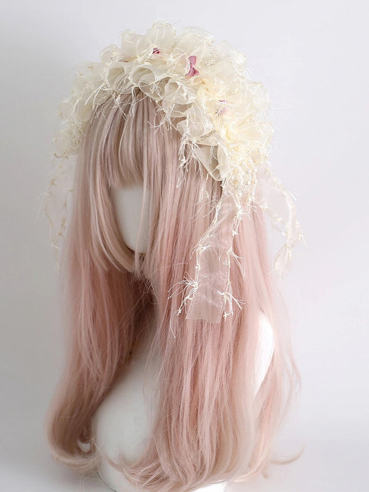 Cream Ruffled Hairband Wide Rose Tulle (Pink Accents) Lolita