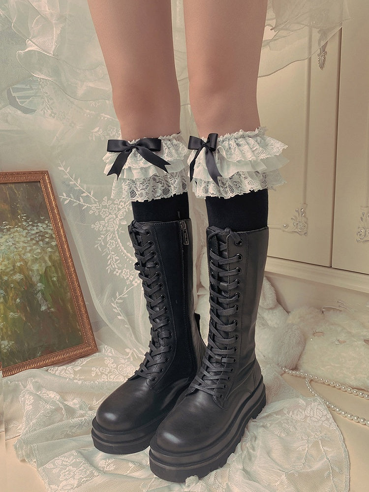Multi-Layer Ruffle Bow Lolita Colors Lace 3 Socks Calf