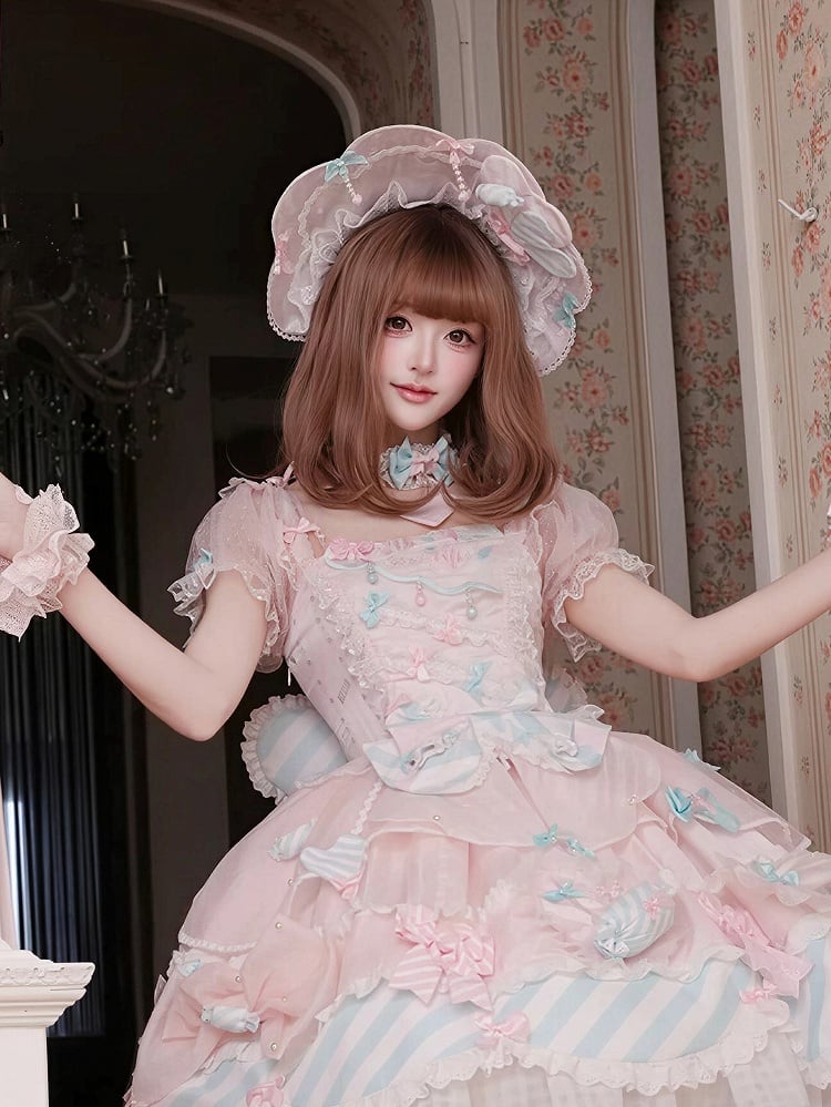 Pink & Blue Scalloped edge Sweet Lolita Bonnet with Heart-shaped Patches and Charms - Meng Fu Zi