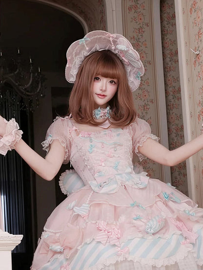 Pink & Blue Scalloped edge Sweet Lolita Bonnet with Heart-shaped Patches and Charms - Meng Fu Zi