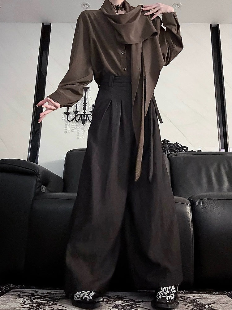 Brown Scarf Shirt Lolita Long Neckline Sleeve
