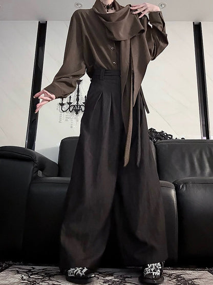Brown Scarf Shirt Lolita Long Neckline Sleeve