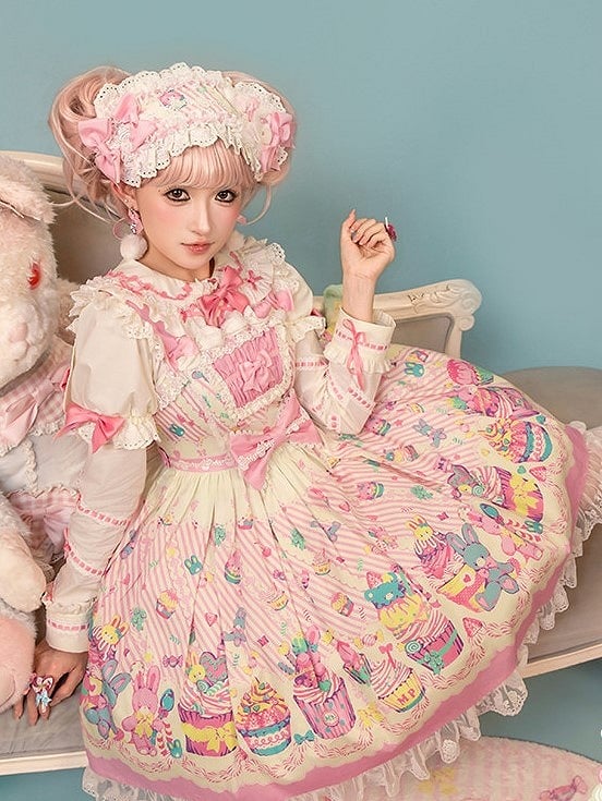 Flutter and Lace Prints Sweet JSK Pink Dress White Trim Sleeves with Lolita Cupcake