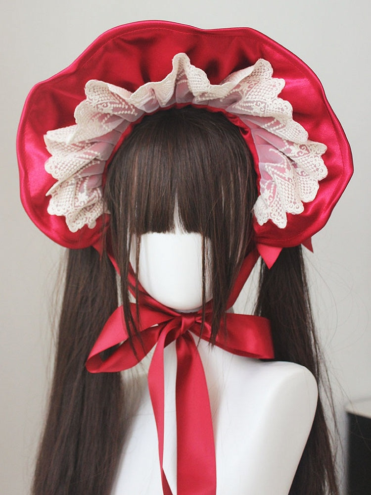 Red Satin Lace Trim Bonnet With Bowknot Hairclips