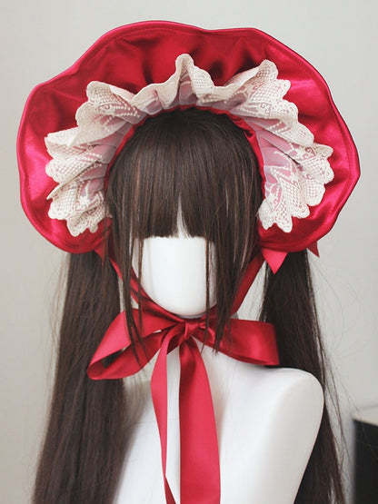 Red Satin Lace Trim Bonnet With Bowknot Hairclips