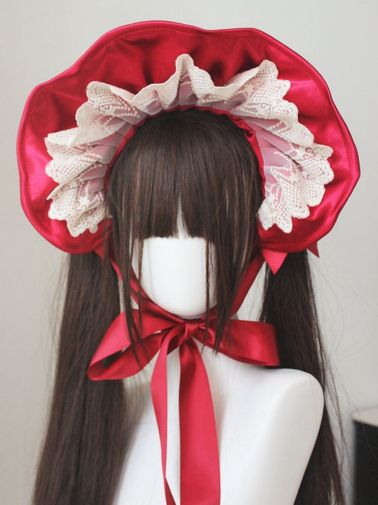 Red Satin Lace Trim Bonnet With Bowknot Hairclips