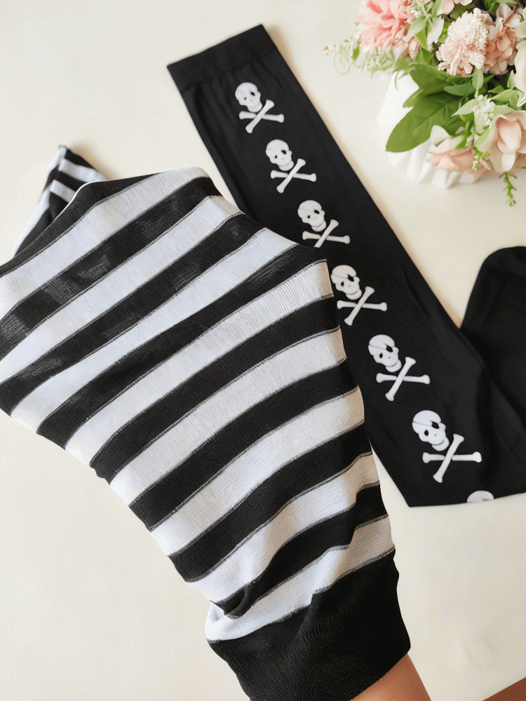Stockings White Striped Pattern Skull Design Asymmetrical Black Halloween Gothic