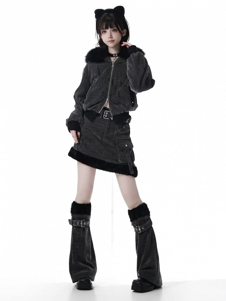 in Ears Jacket Trim Corn Faux Wolf Rib Dark Gray Texture Fur Hooded