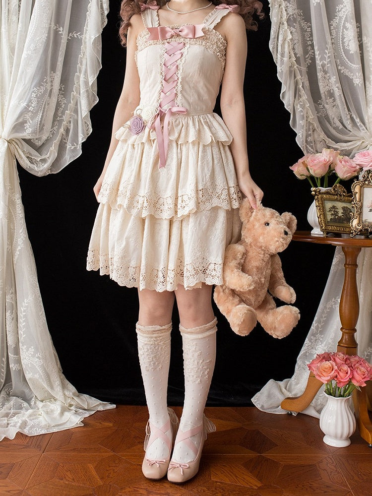 Beige Multi-layer Ruffles Elegant Lolita Skirt Floral Embroidery Details - Miss Point