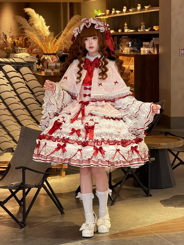 Pink Shimmering Ruffled Cape with Red Small Bows - Starry Messenger