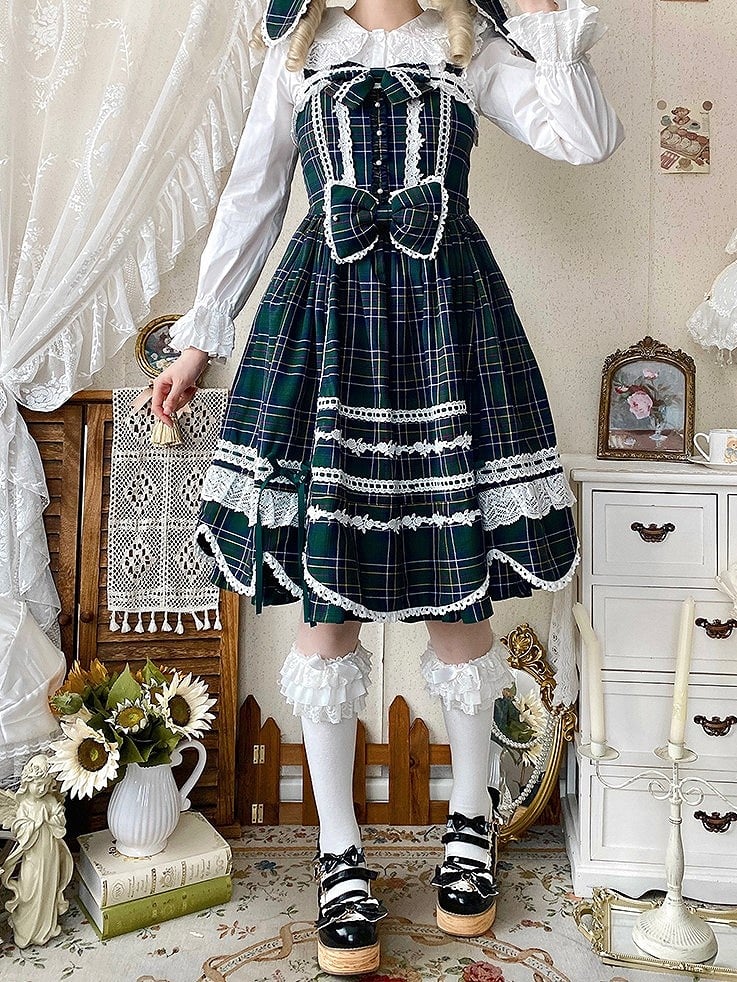 Accents Skirt Jumper Trim Plaid Bow Scalloped Sweet Edge Green with Lolita