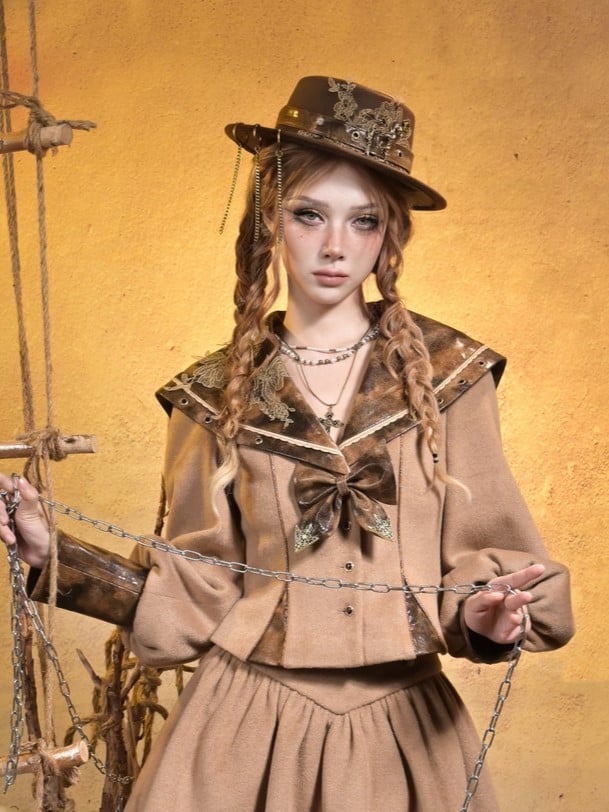 Lace Collar Applique Steampunk Embroidered Top PU with Khaki Sailor Brown