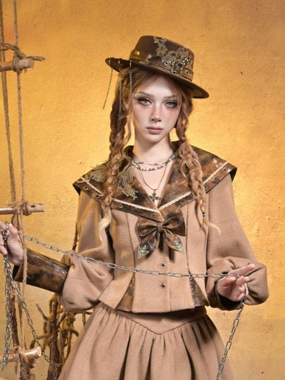 Lace Collar Applique Steampunk Embroidered Top PU with Khaki Sailor Brown