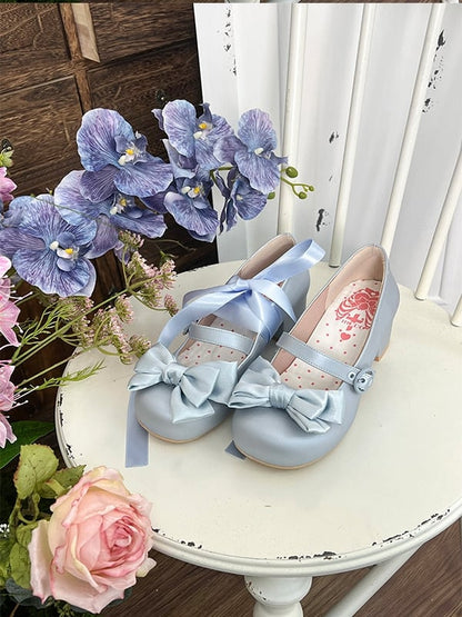 Sweet Janes Mary Ankle - Lolita Bow Top PU Blue at Round Low-heel Lace-up Toe