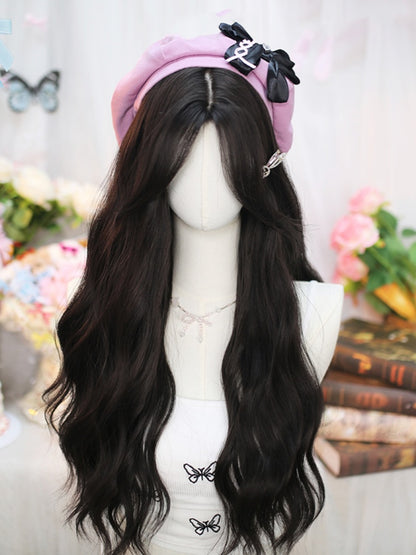 Black Tea Under Bust Length Wavy Wig with Curtain Bangs