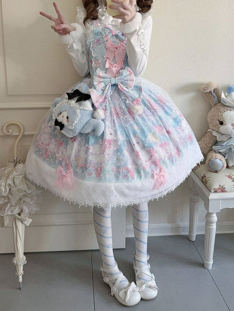 Print with and Accents Hem Bow Pink Fur Dress Sweet Trim Lolita Cat Blue