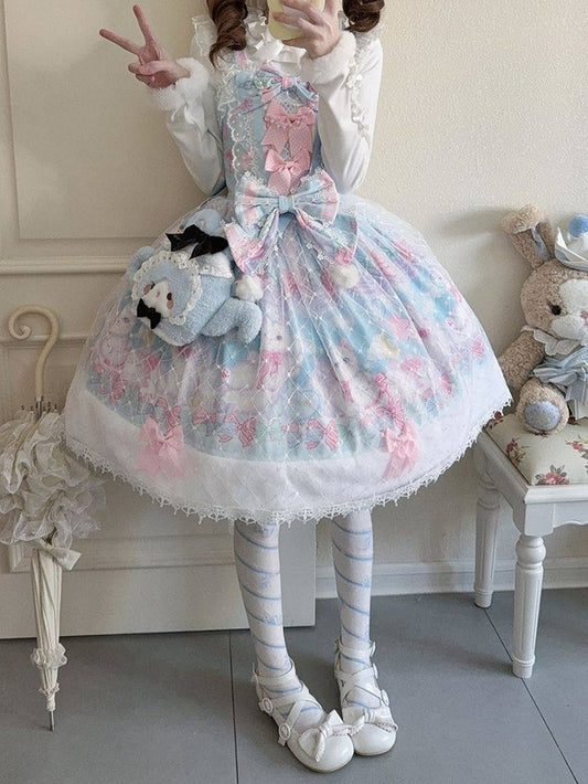 Print with and Accents Hem Bow Pink Fur Dress Sweet Trim Lolita Cat Blue