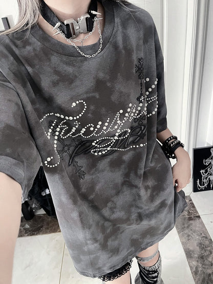 Beaded Punk Cross Short Gray Print with Tie-Dye T-shirt Lettering Sleeve