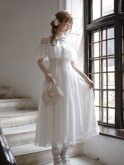 White/Black Cutout Shoulder Jirai Kei Cross Lace Dress - Tan Tuan