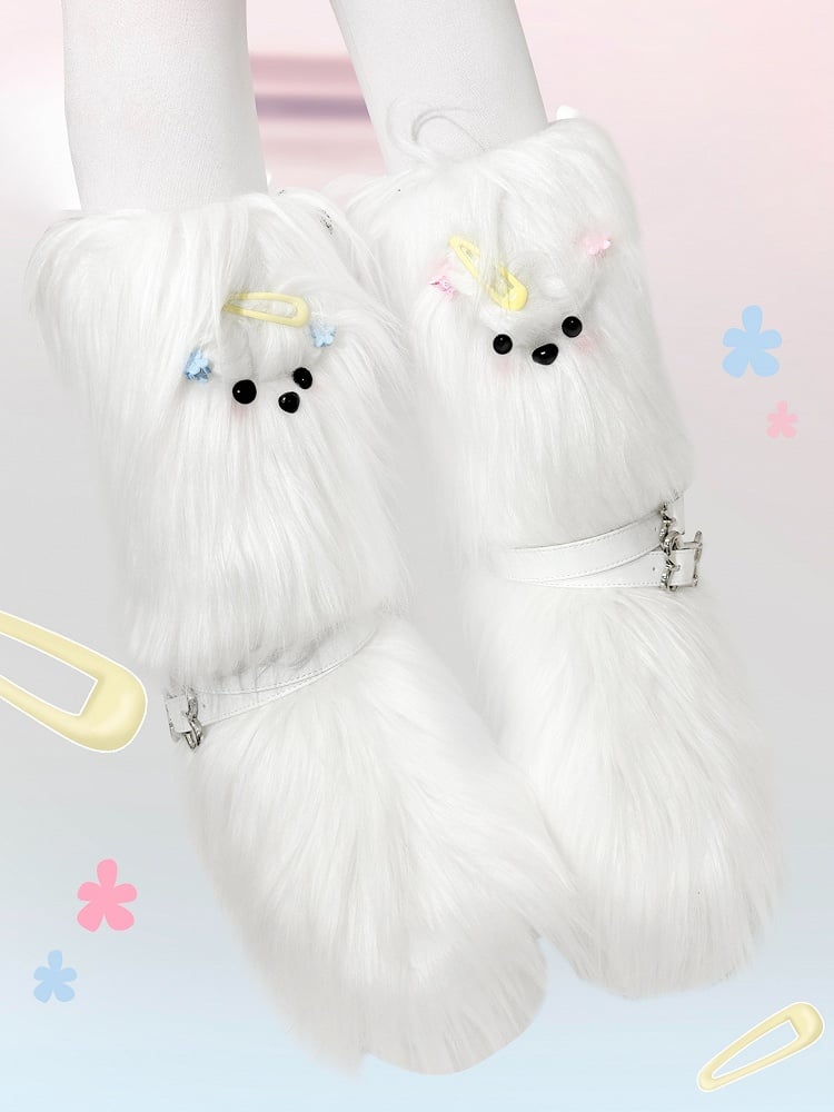White Maltese Puppy Y2K Platform Furry Boots
