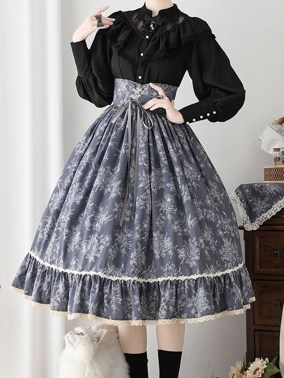 Black Edward Neck Lolita Blouse with Bead-Accented Cuffs