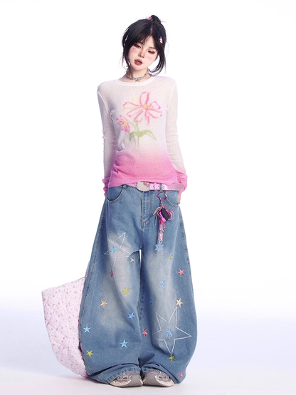 グラデーションピンクのラウンドネックフローラルプリントカバーアップ