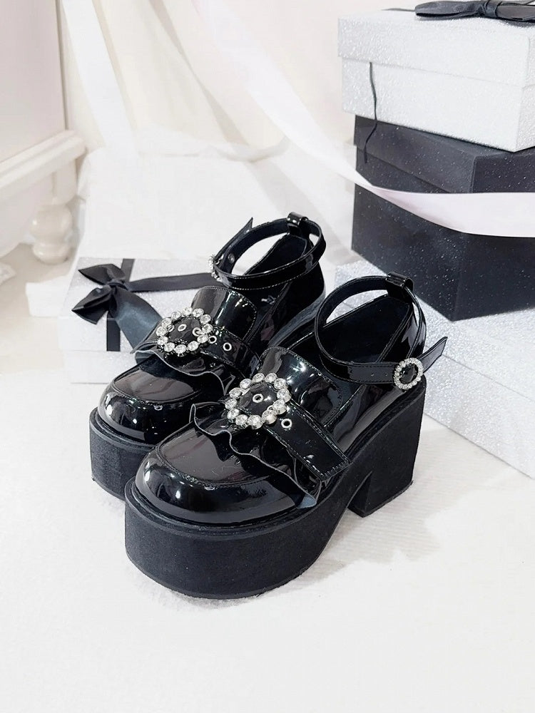 Jirai High 9CM Schwarze Block-Plateauschuhe mit poliertem Knöchelriemen und Kei-Absatz