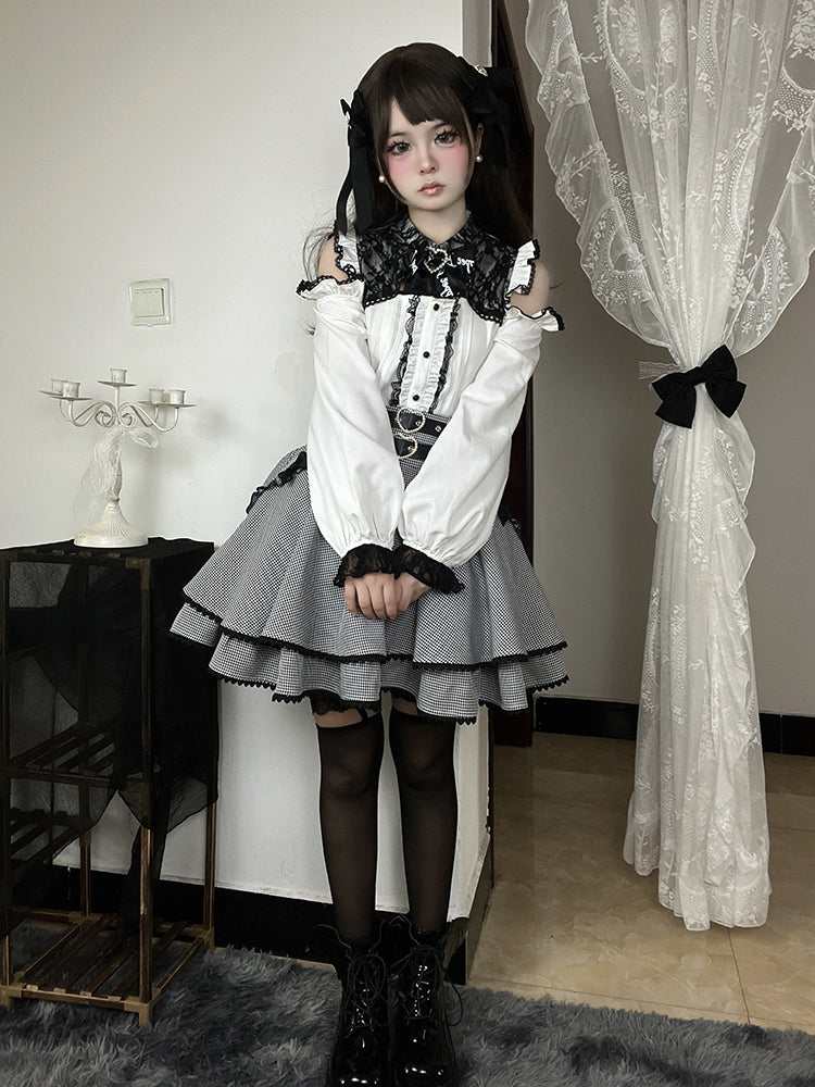 ブラック＆ホワイトの千鳥格子柄ダブルハートバックルリボンボウノットジライケイティアードスカート