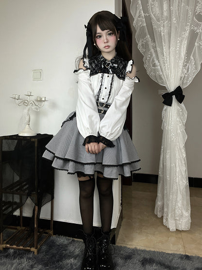 ブラック＆ホワイトの千鳥格子柄ダブルハートバックルリボンボウノットジライケイティアードスカート