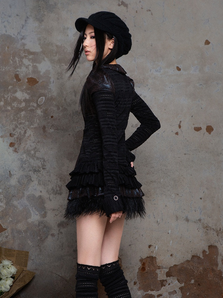 with Side Black Fabric Eyelet Puff Blouse Dotted Collar Punk Ruffled Front Zippers