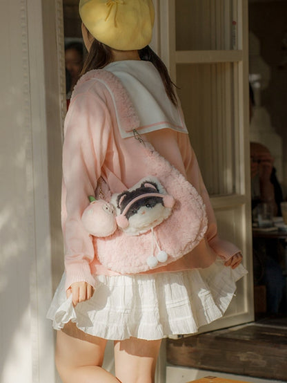 Pink Cute Kitty Plush Shoulder Bag With Pompons