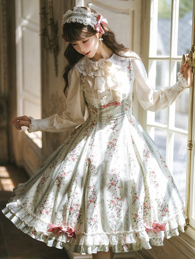 Light Green Floral Print Classic Bustier JSK Dress with Back Lace-Up - Miss Cube Dressworks