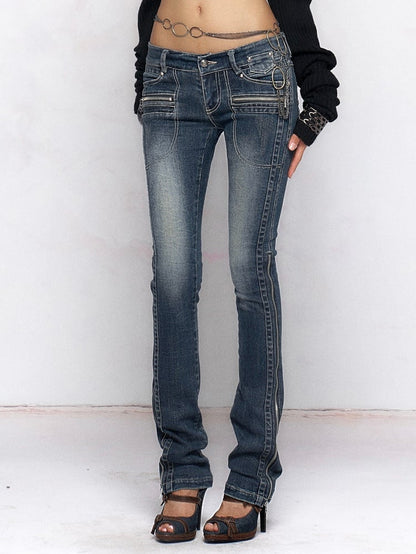 Faded Zip Waist Deep - Two-Way Blue Jeans Cuff Wash with Low Details
